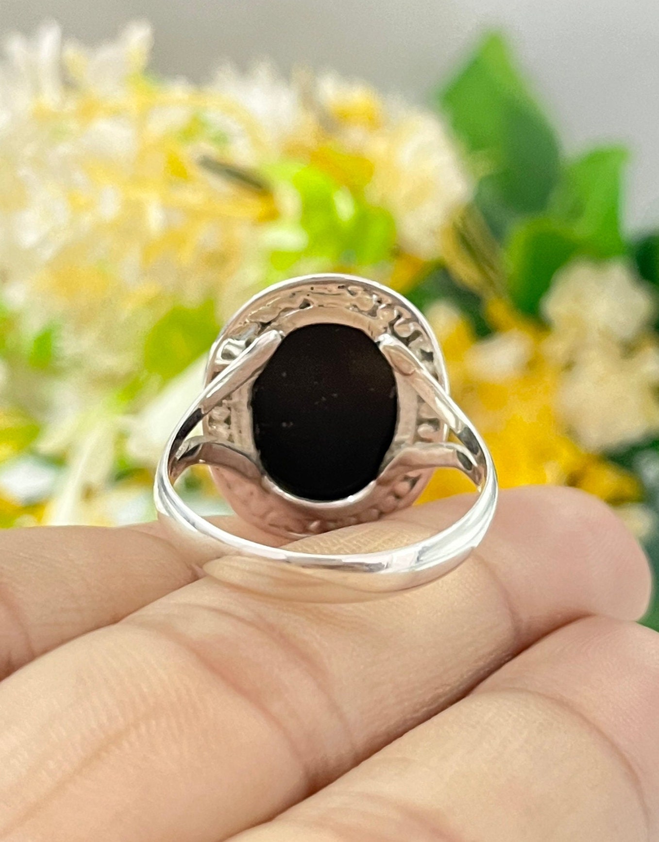 Bague Argent Tourmaline Noire & Verre Blanc - Style Art Déco - Taille 52