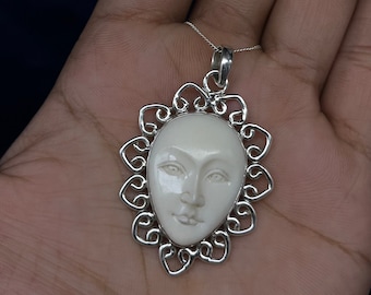Sterling Silver Moon Face Carved Pendant Necklace