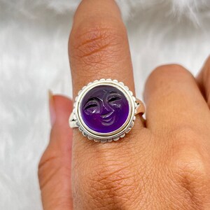 Face Carving Amethyst Ring, Amethyst Gesicht Ring, Mond Gesicht Silber Ring, Gesicht Carving Ring, Amethyst Gesicht geschnitzt Silberring Bild 2