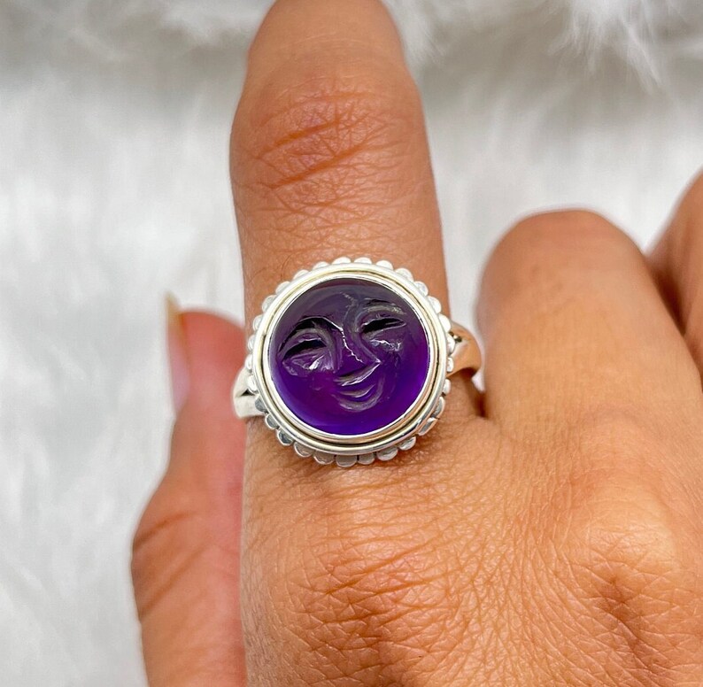 Face Carving Amethyst Ring, Amethyst Gesicht Ring, Mond Gesicht Silber Ring, Gesicht Carving Ring, Amethyst Gesicht geschnitzt Silberring Bild 2