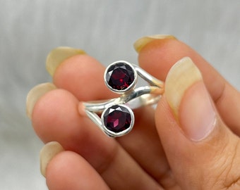 Handmade Two Stone Red Garnet 925 Sterling Silver Ring