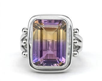 Baguette Ametrine Ring, Sterling Silver Boho Vintage Ring