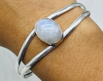 Rainbow Moonstone Hand Cuff, 925 Sterling Solid Silver Natural Gemstone Handmade Bangle, Adjustable Stone Bracelet, Birthstone Bracelets