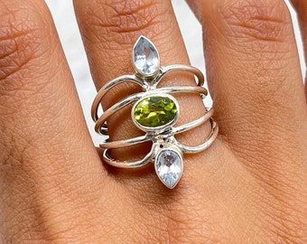 Natural Peridot & Aquamarine Silver Ring, Three Gemstone Silver Ring, Multi Stone 925 Solid Sterling Silver Ring, Anniversary Gifts Ideas