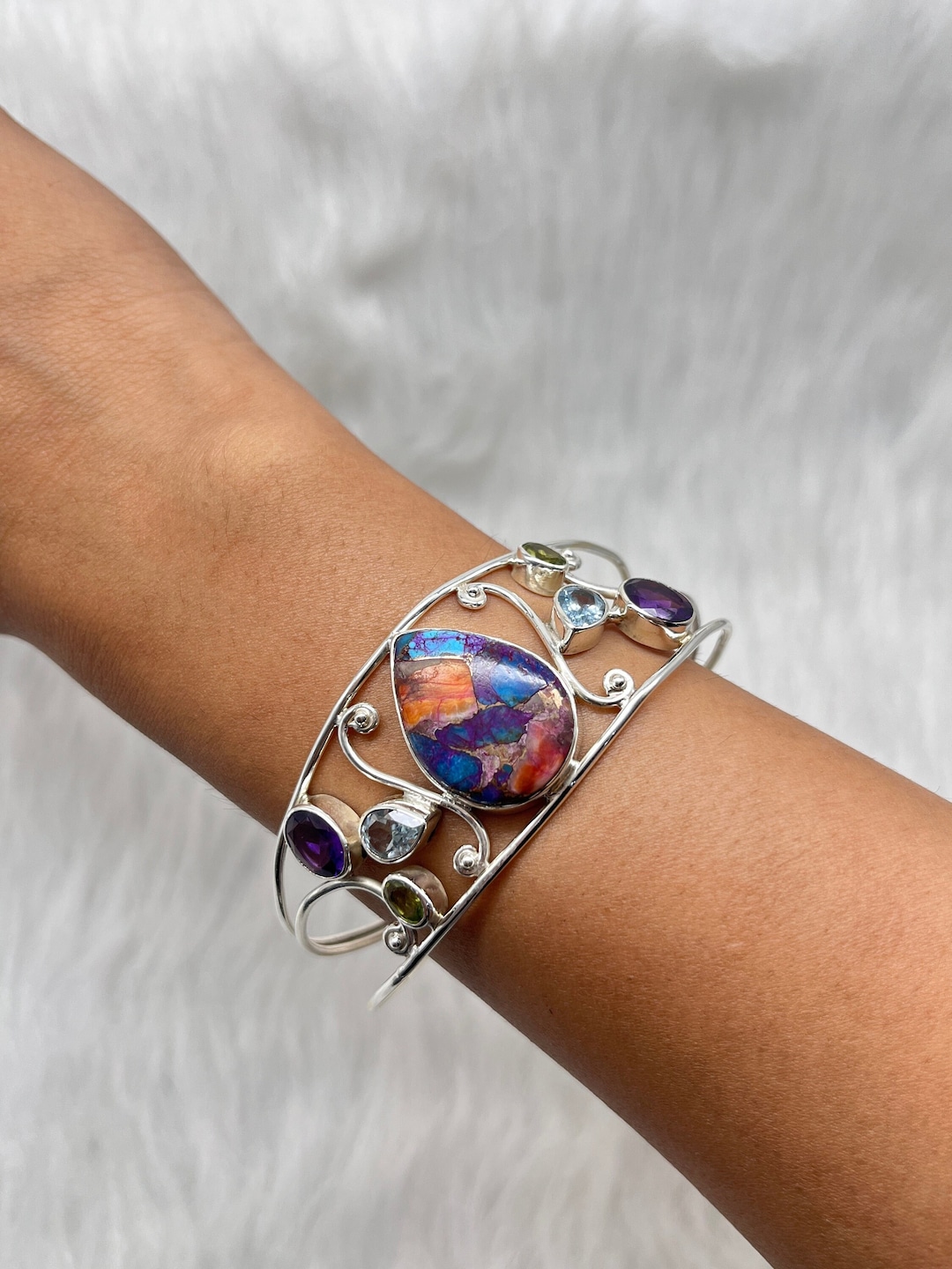 Silver Multicolor Gemstone Cuff Watch Vintage Silver Watches – TheTwinklingTrinket main image 2