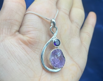Roher Amethyst 925 Sterling Silber Anhänger, Boho Halskette