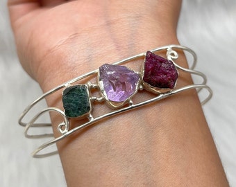 Raw Gemstone Birthstone Bracelet, Sterling Silver Cuff, Personalized Jewelry