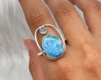 Handmade Sterling Silver Moonstone Larimar Ring, Boho Jewelry