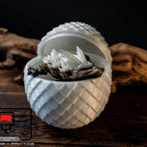 May include: A white 3D printed sphere with a geometric pattern, resembling a pinecone, is open to reveal a crystal-like object inside.