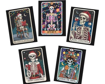 Greeting Cards, Skeleton Christmas Tarot - Set of 5, Yule Celebration, Blank Inside, Christmas Card Pack, Holiday Cards, Festive Tarot