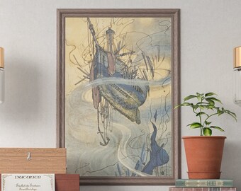 Vintage Ship Nautical Poster - Sailor Gift Retro Antique Beach House Decor - Pirate Ship Illustration Wall Art Print Sea, Boat Art UNFRAMED