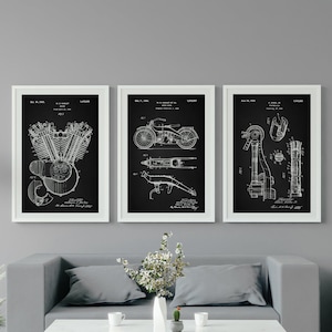 IMPRIMIBLE Vintage Harley Davidson Moto Patentes Carteles SET DE 3 - Ilustración de planos de motocicleta - Regalo de motociclista, Decoración antigua de Mancave
