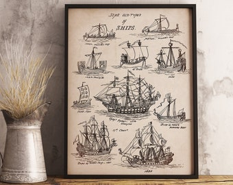 Vintage Ships Nautical Poster Infographic - Sailor Gift - Retro Antique Beach House Decor - Pirate Ship Enthusiast Wall Art UNFRAMED