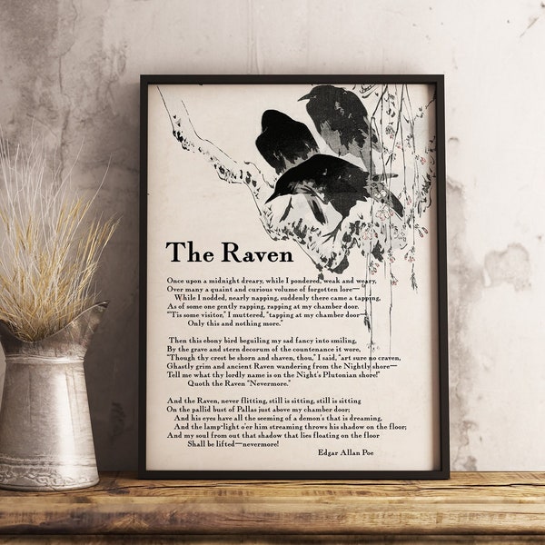 PRINTABLE The Raven Edgar Allan Poe Poem Poster Print - Digital Raven Poetry Wall Art Decor - Literature English Student Graduation Gift