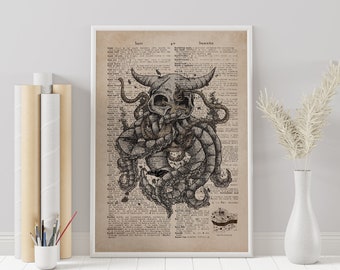 Vintage Kraken gotische nautische woordenboek Poster Print Sailor Gift, Beach House Decor, Octopus, oude zeemonster antieke kunst UNFRAMED