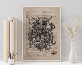May include: A black and white illustration of a skull with tentacles, surrounded by text from a vintage dictionary page. The text includes the words "baux" and "bauxite".