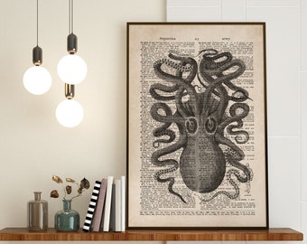 Vintage Octopus nautische woordenboek Poster Print - Sailor Gift, Beach House Decor - antieke vis zeeleven illustratie INGELIJSTE