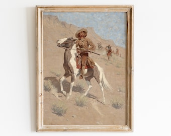 UTSKRIVBART Western Cowboy Print - Rustik Vintage Häst Oljemålning Väggkonst - Americana Country Arizona Decor - Digital Nedladdning
