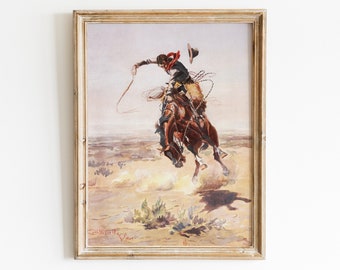 PRINTABLE Vintage Western Cowboy Art - Rustic Bucking Horse Oil Painting Wall Art - Countryside Southwest Decor - Digital Download