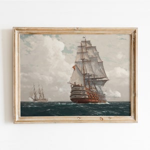 Vintage Sea Ship Painting Nautical Art Print Poster - Antique Pirate Ship Retro Beach House Decor - Sailor Gift - UNFRAMED
