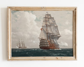 May include: A framed painting of a large sailing ship with white sails and a red hull, sailing on a blue ocean under a cloudy sky. A smaller sailing ship is in the distance.