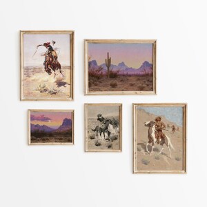 PRINTABLE Western Cowboy Prints 5 Set - Vintage Rustic Mid Century Farmhouse Decor - Vintage Oil Paintings Gallery Wall - DIGITAL DOWNLOAD
