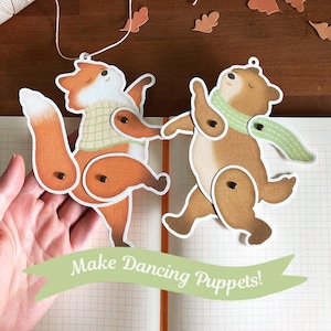 Bambole di carta stampabili volpe e orso in PDF, decorazioni per cameretta a tema bosco (VERDE), burattino a spillo per giochi di ruolo