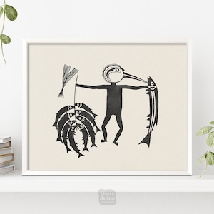 May include: Black and white illustration of a stylized figure holding a fish in each hand. The figure has a bird-like head and is standing with arms outstretched. The figure is surrounded by a group of fish.
