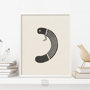 May include: Black and white minimalist art print of a stylized abstract creature in a curved shape. The print is framed in a white frame and is hanging on a white wall.