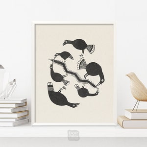 May include: A framed art print featuring a whimsical black and white illustration of stylized birds interacting with a segmented creature. The artwork is set against a cream-colored background, with the text "Dear Jules" at the bottom.