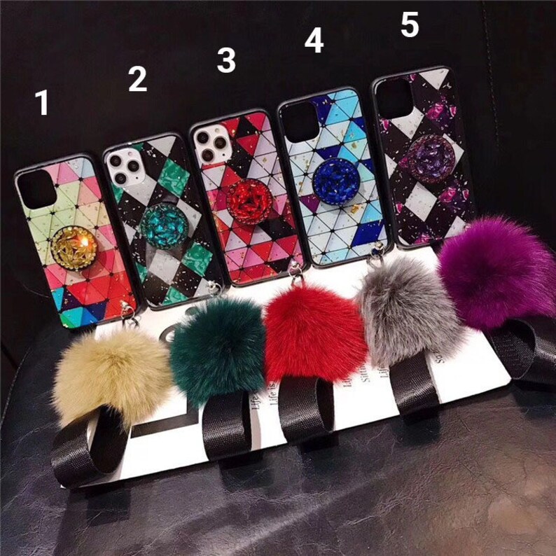 iPhone Marble Diamond Crystal Case With Pop Stand /& Strap Pom Pom