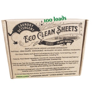 Laundry Detergent Sheets, 100 loads, Plant-based, Concentrated Eco Clean Sheets in a recycled box printed with sustainable algae ink