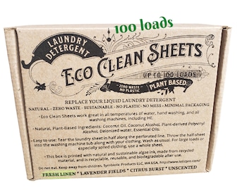 Laundry Detergent Sheets, 100 loads, All-natural, Concentrated Eco Clean Sheets in a recycled box printed with sustainable Algae-Ink