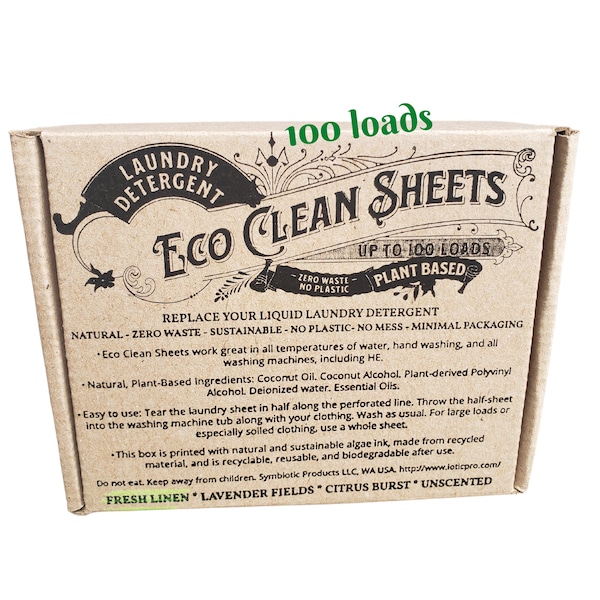 Laundry Detergent Sheets, 100 loads, Plant-based, Concentrated Eco Clean Sheets in a recycled box printed with sustainable algae ink