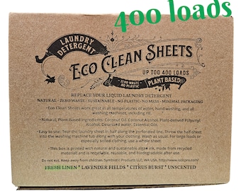 400 loads, Laundry Detergent Sheets, Plant-Based, Concentrated Eco Clean Sheets in a recycled box | up to 1 YEARS worth of wash.