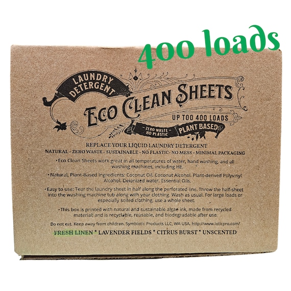 400 loads, Laundry Detergent Sheets, Plant-Based, Concentrated Eco Clean Sheets in a recycled box | up to 1 YEARS worth of wash.