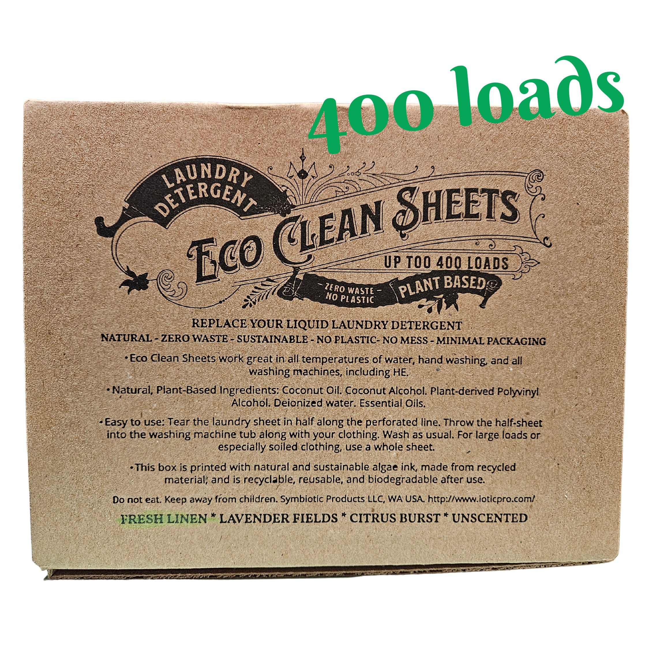 400 loads, Laundry Detergent Sheets, Plant-Based, Concentrated Eco Clean Sheets in a recycled box | up to 1 YEARS worth of wash.