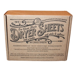 May include: A brown cardboard box with a white label that says "Eco Clean Sheets Dryer Sheets anti wrinkle anti static & softener 50 Large Sheets". The label also says "No harmful chemicals - Vegan - Cruelty-free - Minimal Packaging Plant-based ingredients that work! Derived from Cotton & Wood Pulp, Coconut and Natural Bentonite Mineral. (see www.EcoClean.life for details)"