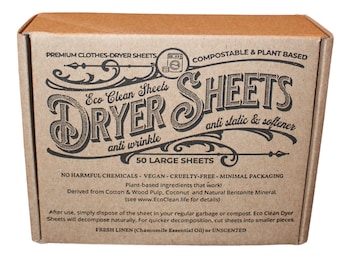 Dryer Sheets - Eco Clean, Compostable & Plastic-free! 50 Large, Premium Dryer Sheets
