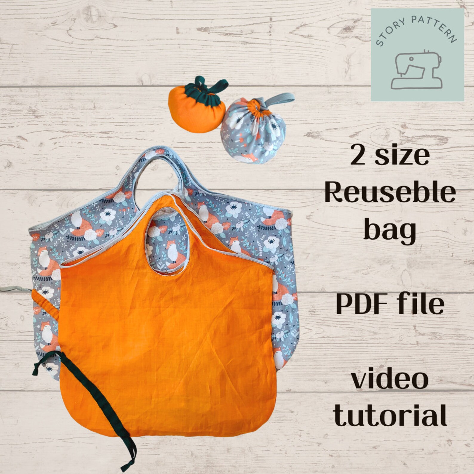 Reusable Bag Sewing Pattern / PDF Pattern / Video Turorial / 2 Sizes