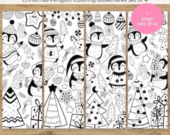 Christmas Penguin Coloring Bookmarks: Fun Kids Activity (Set of 4) (PDF & JPEG)