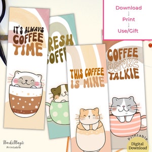 Printable Bookmarks Set of 4 Cats and Coffee Cute Bookmark image 5