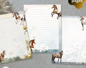 Daisy Horse Briefpapier Set zum Ausdrucken: Liniertes, kariertes, unliniertes Papier für Journale (PDF & JPEG)