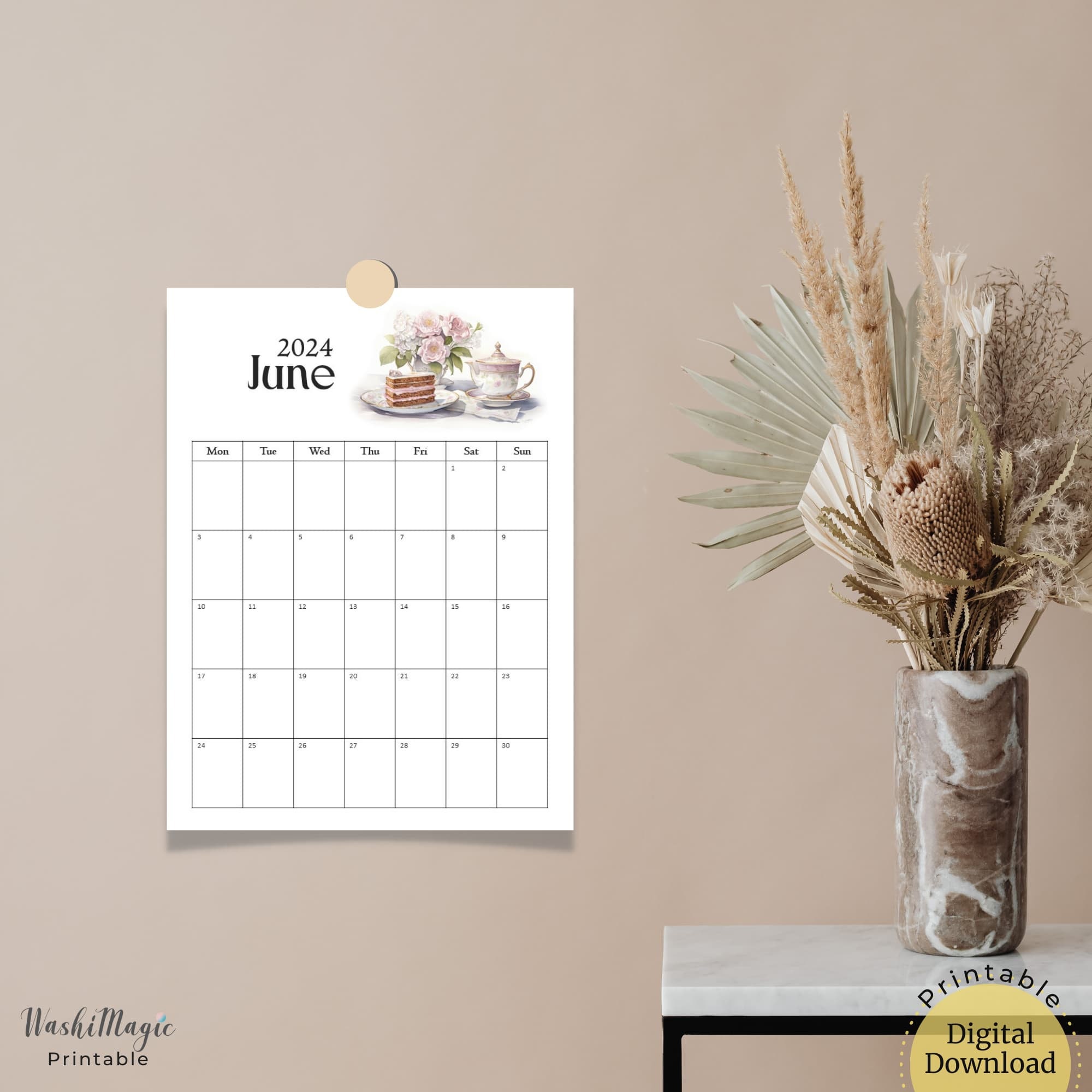 Vintage Teacup Calendar Printable Wall Calendar, to Do List Monthly ...