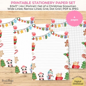Weihnachts-Schneemann-Notizbuch-Papier, druckbares Briefpapier-Set, linierte Seiten für Urlaubsnotizen, Set von 4 niedlichen Buchstaben-Set-Weihnachtsgeschenk-Ideen