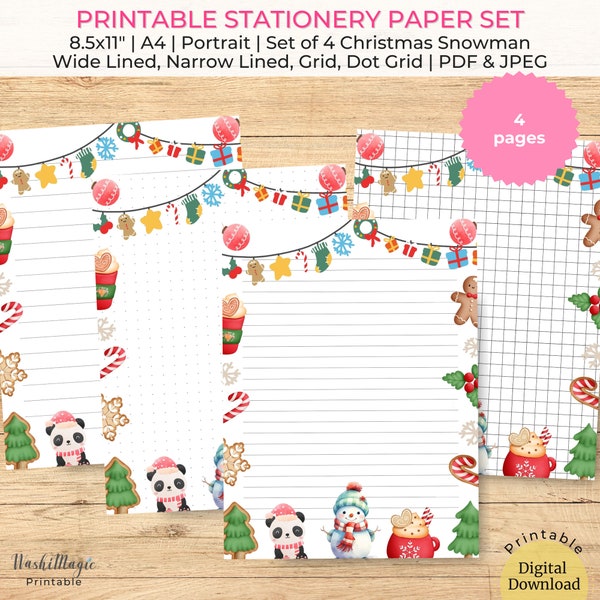Christmas Snowman Notebook Paper, Printable Stationery Set Lined Pages for Holiday Note-Taking, Set of 4 Cute Letter Set Holiday Gift Ideas