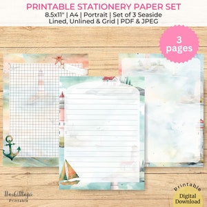 Set di cancelleria per acquerello sul mare, kit per scrivere lettere di carta per quaderni stampabili ispirati all'oceano, collezione di carta costiera, inserti per pianificatore