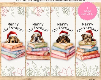 May include: Set of four printable bookmarks featuring watercolor illustrations of dogs wearing Santa hats and resting on stacks of books. Each bookmark says "Merry Christmas!" in a festive font.