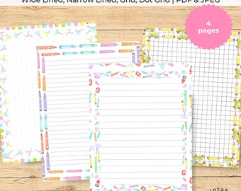 Set of 4 School Supplies Cute Stationery Paper Set, Wide Lined, Narrow Lined, Grid, Dot Grid Letter Writing Back To School Printable Paper