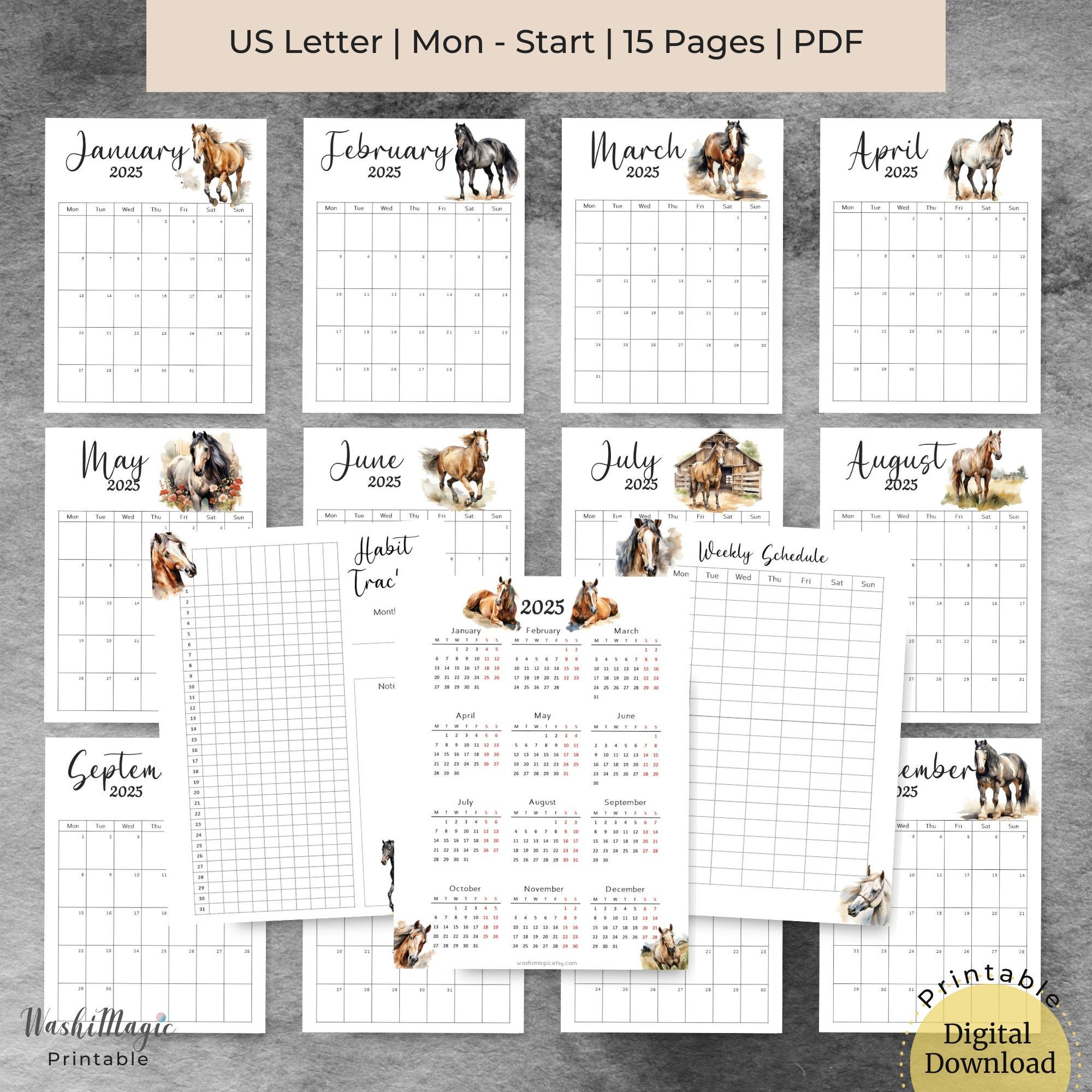 2025 Monthly Calendar Printable, Watercolor Horse Dated Calendar